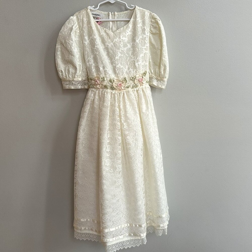 Bonnie Jean Girl's Size 12 Formal Dress Brocade Puff Sleeve Lace Flowers